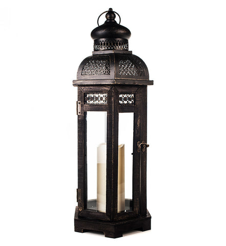 All-Weather Black Wood and Metal Flameless Candle Lantern
