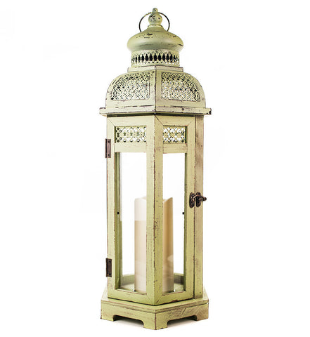 All-Weather Green Wood and Metal Flameless Candle Lantern