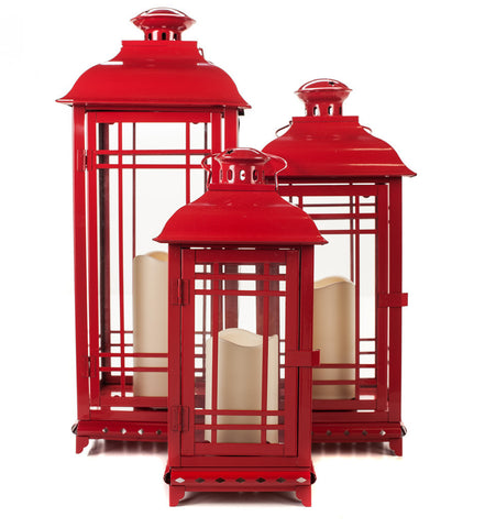 All-Weather Red Metal Flameless Candle Lantern